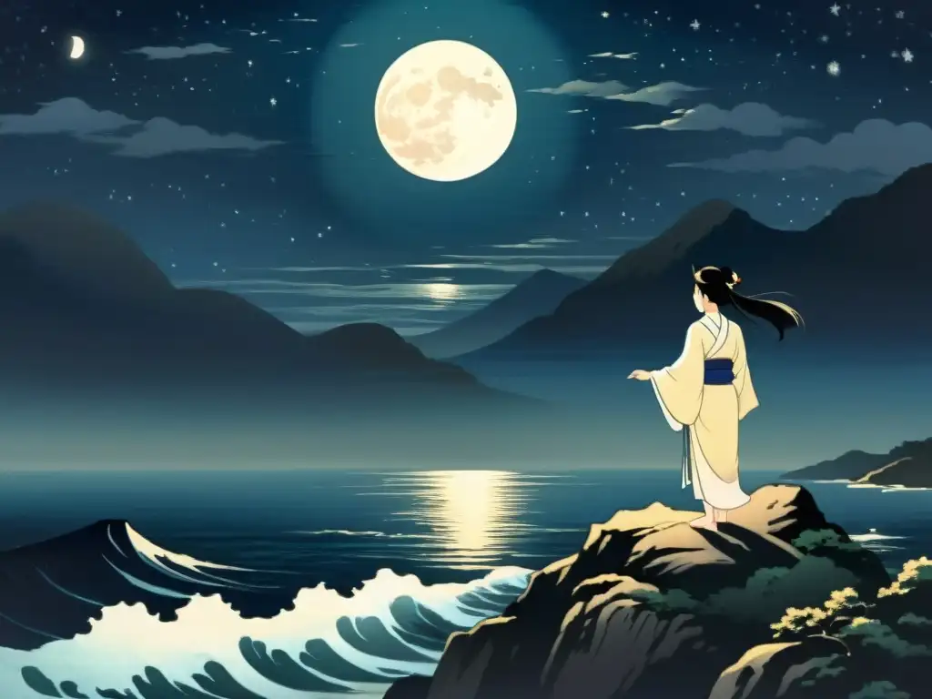 Tsukuyomi en la noche, contemplando el misterio del mar bajo la luz lunar