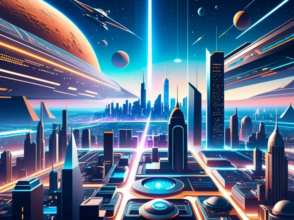 Modelando el Universo en 3D: ilustración detallada de una ciudad futurista vintage en el espacio con hologramas y actividad vibrante