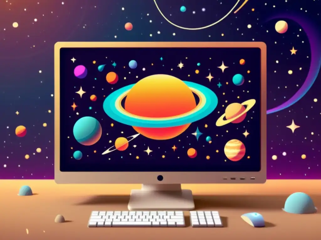 Explora el Universo Sandbox en PC: crear y destruir universos en una ilustración vintage de un monitor de computadora