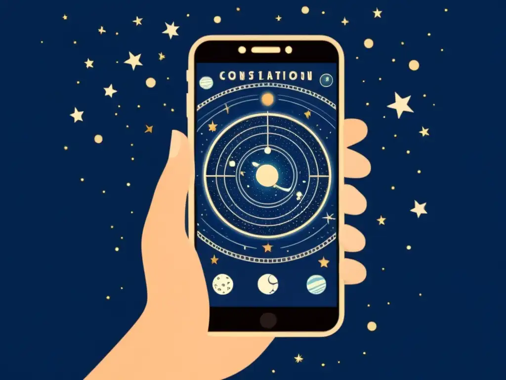 Explorando el universo a través de una aplicación astronómica en un teléfono vintage con un fondo celestial