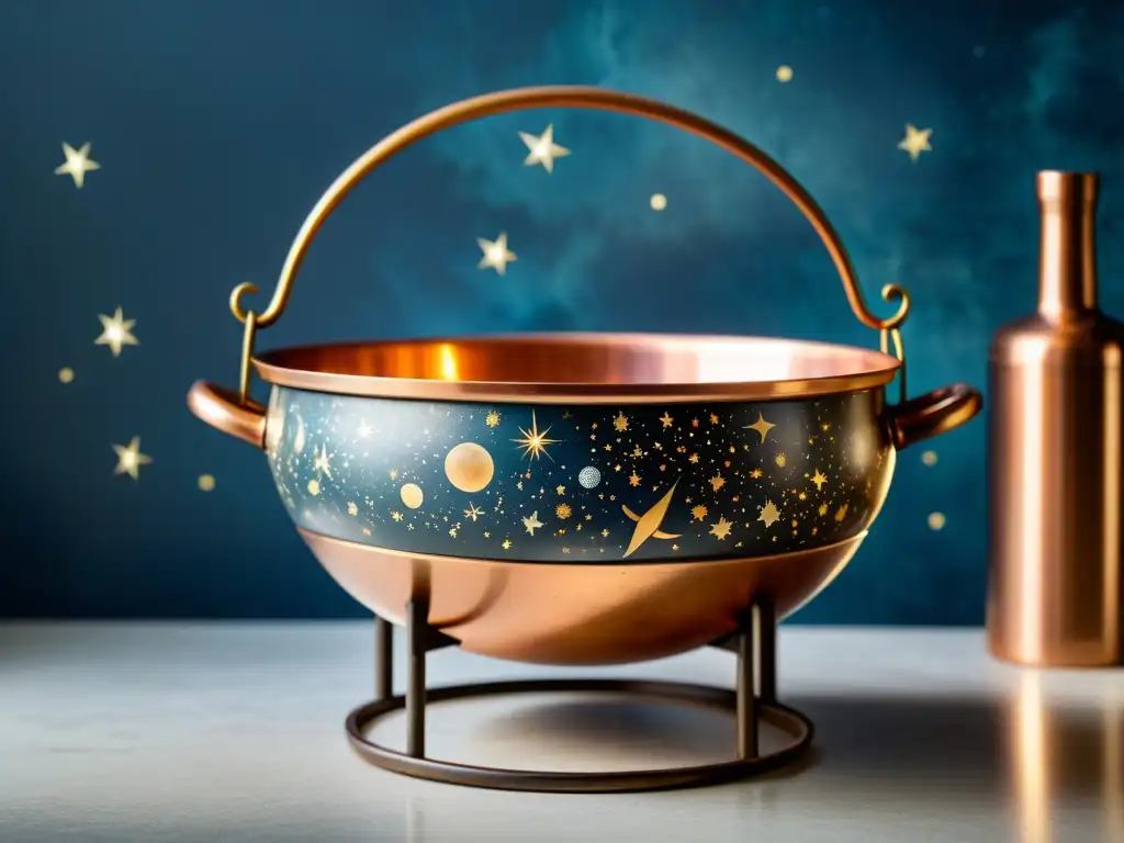 Utensilio de cocina con decoración astronómica: un antiguo recipiente de cobre con un mapa celestial pintado a mano, suspendido en una base de hierro forjado, iluminando la cocina con un cálido resplandor