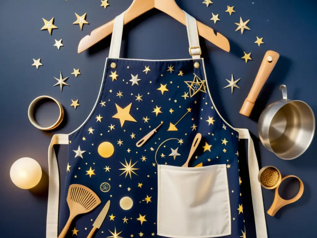 Utensilios de cocina con decoración astronómica en vintage apron bajo cielo estrellado y luz cálida de linterna