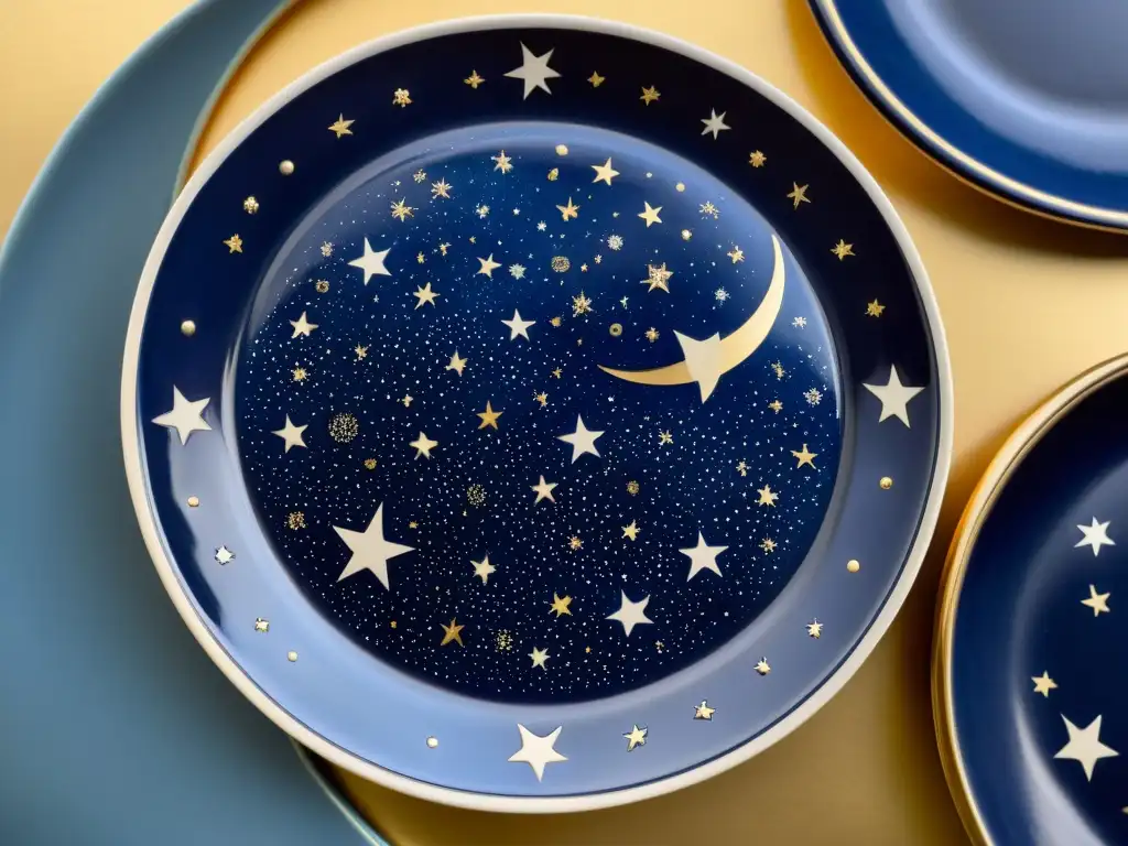 Una vajilla celestial vintage con motivos estelares en tonos índigo y azul medianoche, evocando la fascinación por el universo