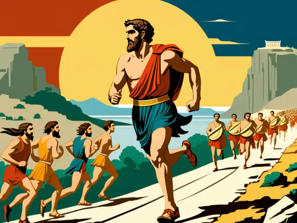 El valiente mensajero griego Pheidippides corre desde la Batalla de Maratón a Atenas, capturando el origen mitológico de la maratón