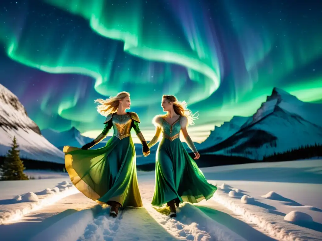 Valkirias danzando bajo auroras boreales en paisaje nórdico místico