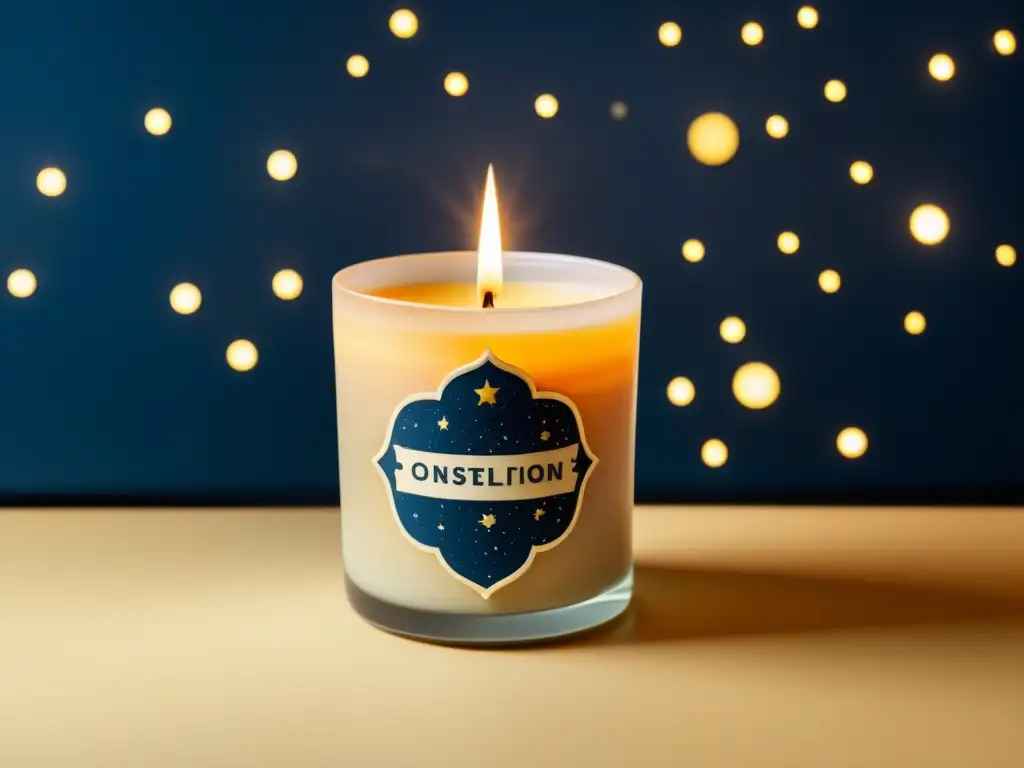 Velas aromáticas inspiradas en constelaciones en una noche estrellada vintage, con detalles minuciosos de cera, mecha y empaque, evocando nostalgia