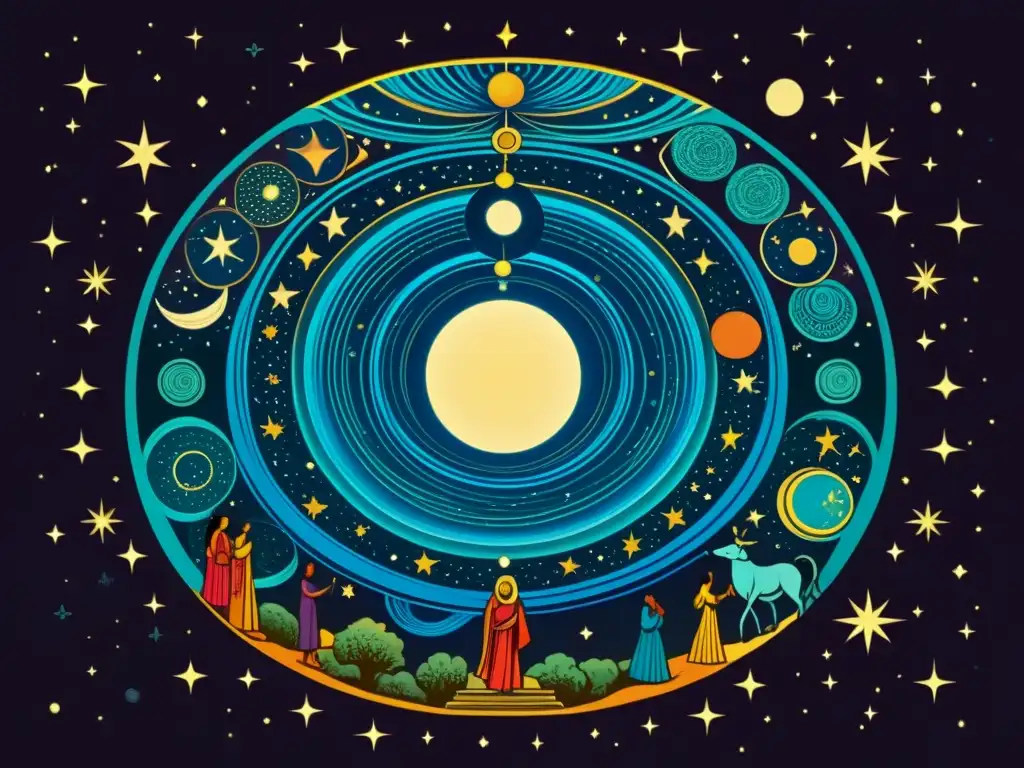 Interpretando Versos Cósmicos Rigveda: Detallada ilustración vintage del cielo nocturno con astros y constelaciones, evocando sabiduría ancestral