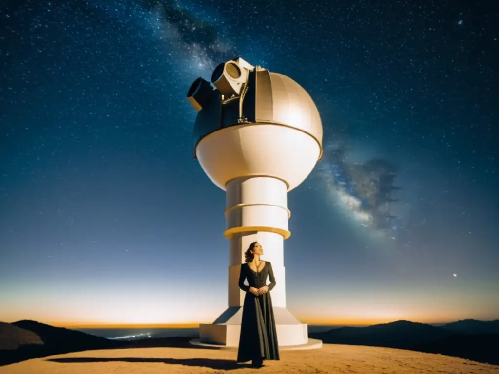 Elena Prieto, con vestido largo, mira el cielo a través de un telescopio vintage