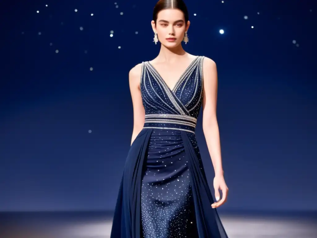 Vestido de noche con constelaciones bordadas en azul marino, brilla bajo la luz de las estrellas, evocando elegancia y misterio