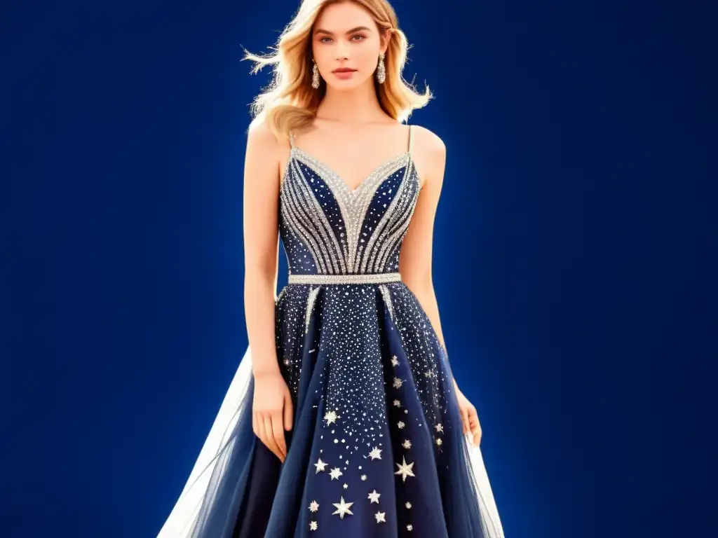 Un vestido vintage con bordados de constelaciones en un profundo azul marino, evocando la magia de una noche estrellada