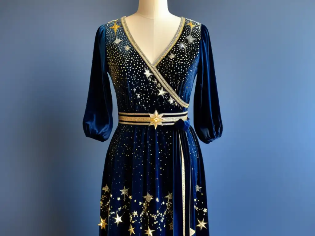 Un vestido vintage con bordados de constelaciones en hilo de plata y oro sobre fondo azul marino