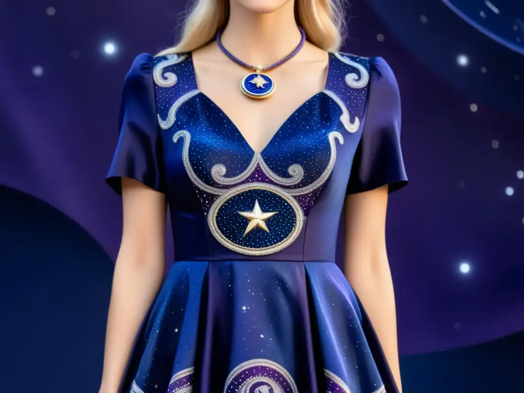 Vestido vintage con patrones de formación estelar en nebulosas en tonos índigo, violeta y azul, adornado con hilo metálico brillante