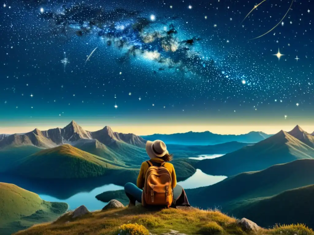 Un viajero contempla maravillado el cielo estrellado, evocando la astronomía en la literatura de viajes