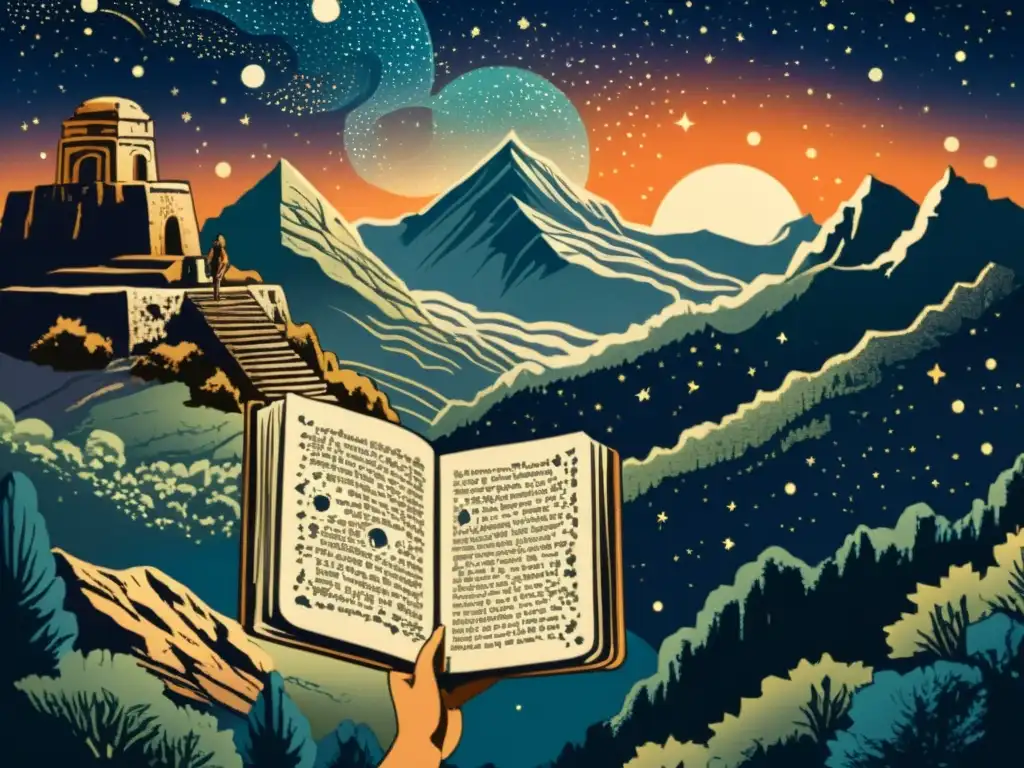 Viajero contemplando la noche estrellada entre montañas y ruinas, evocando la Astronomía en la literatura de viajes