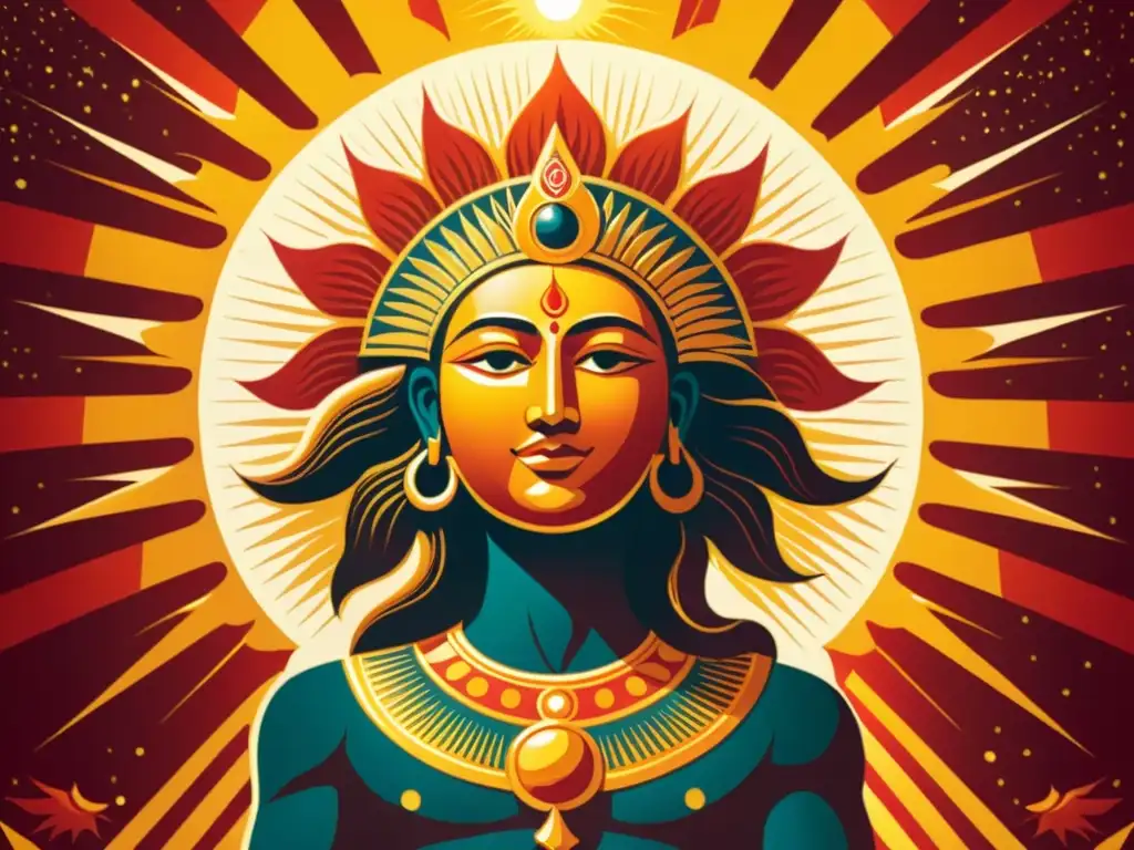 Una ilustración vintage vibrante de un antiguo dios solar, con radiantes rayos dorados emanando de una figura majestuosa sentada en un trono celestial