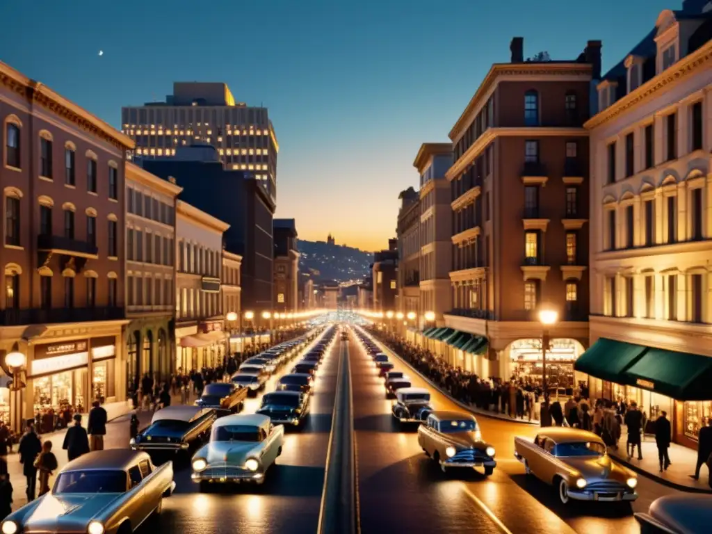 Vibrante ciudad nocturna con luces doradas entre edificios altos