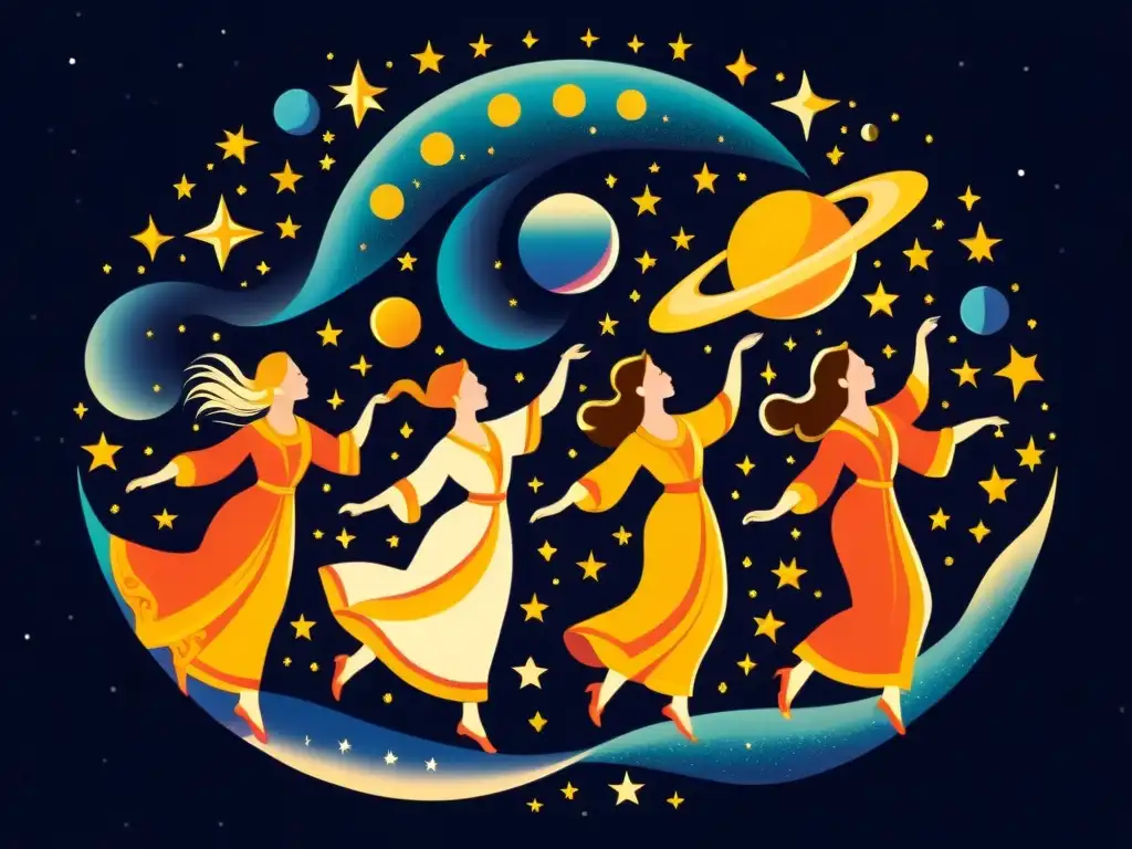 Una ilustración vibrante de una danza celestial en el cielo nocturno, con planetas como gráciles bailarines en perfecta alineación