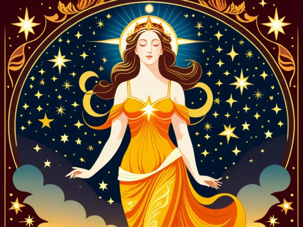 Una ilustración vintage vibrante de la diosa Venus, representada como la estrella de la mañana y de la tarde, rodeada de detalles intrincados en su túnica y un aura radiante