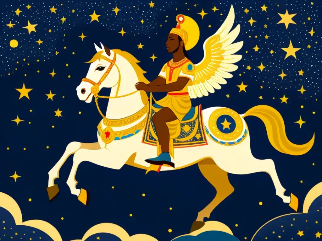 Ilustración vibrante estilo vintage de Sundiata Keita en un carro celestial, rodeado de caballos alados, en un cielo estrellado