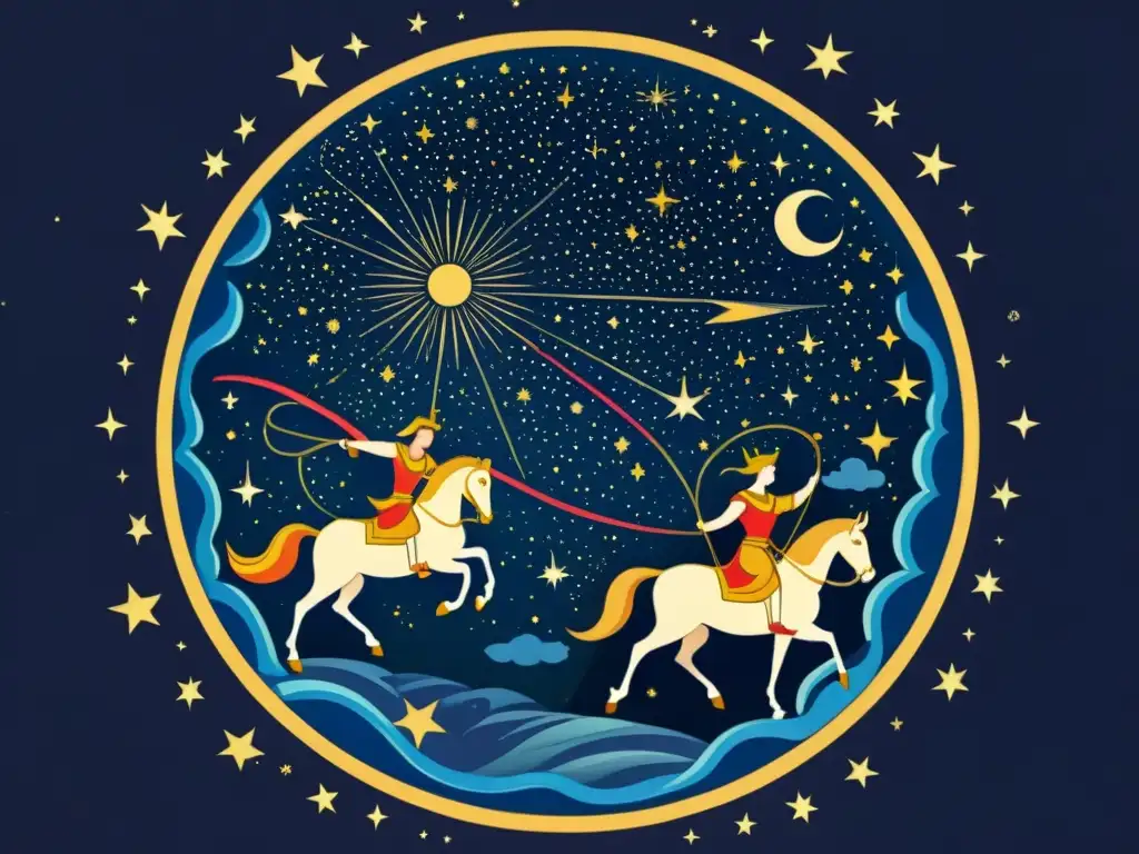 Mitos celestiales: ilustración vintage de constelaciones griegas y romanas Vibrante ilustración vintage de la mitología asociada a constelaciones y estrellas, con figuras como Orión, Casiopea y Pegaso en un cielo estrellado