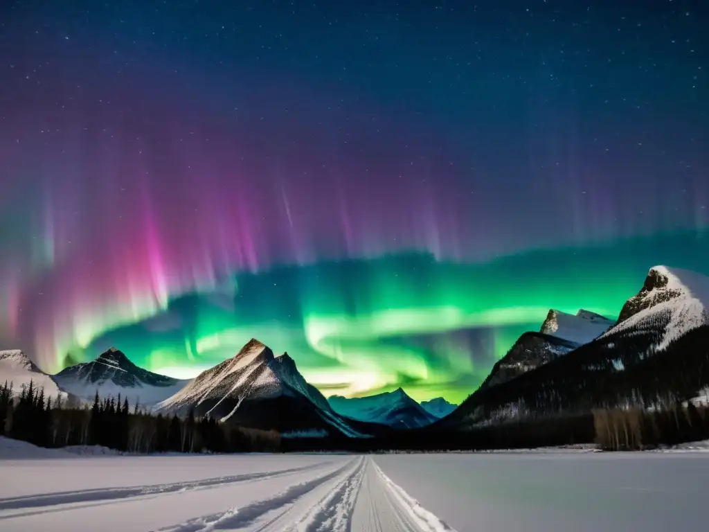 Vibrante aurora boreal sobre montañas distantes, interpretando fenómenos ópticos nocturnos en paisaje sereno