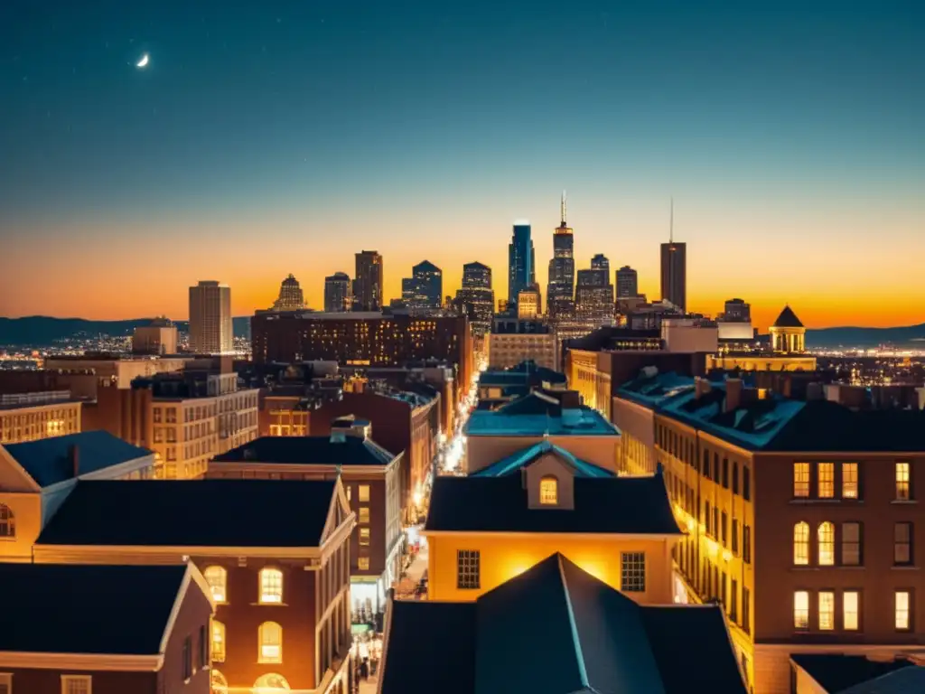 Un vibrante paisaje urbano nocturno con luces de la ciudad, evocando la lucha contra la contaminación lumínica