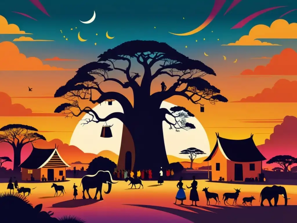 Una ilustración vibrante de un pueblo africano tradicional al atardecer, con un baobab, un cielo colorido, danzas, historias y rituales