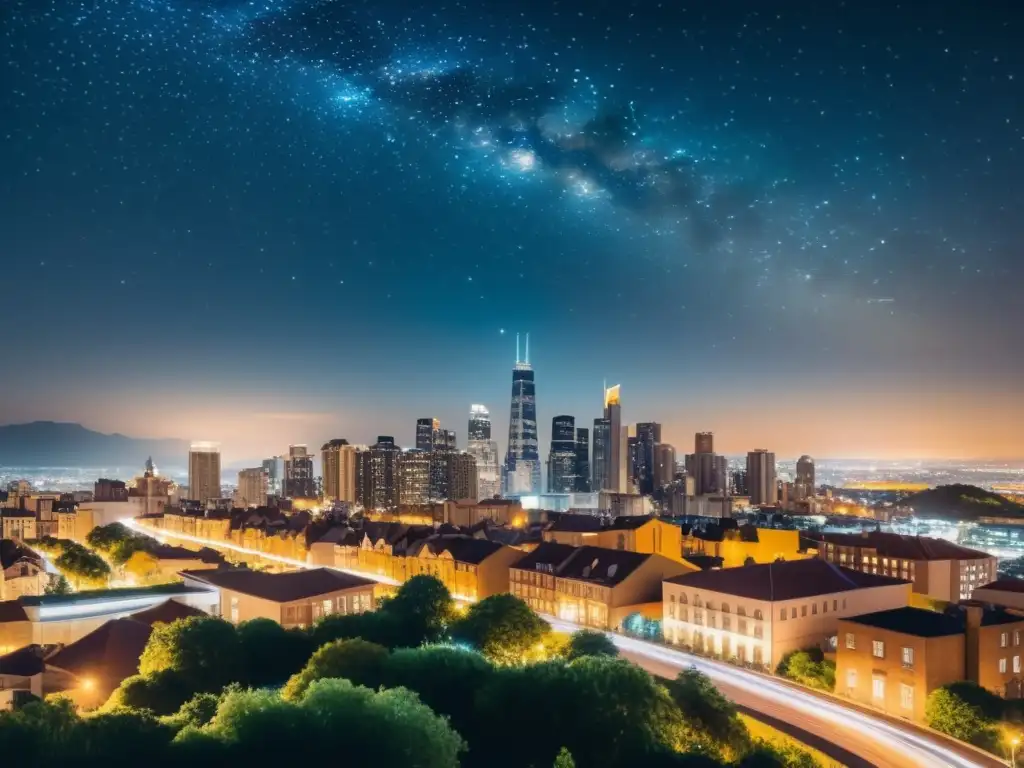 Vibrante skyline urbano de noche con luces de ciudad y estrellas brillantes