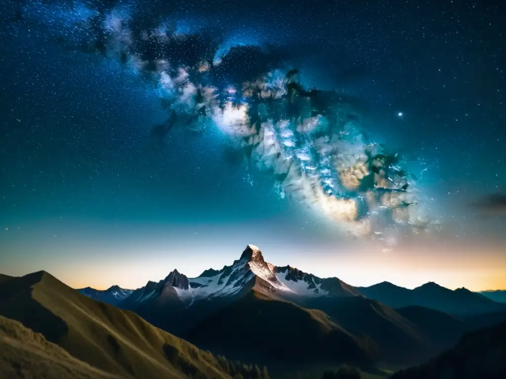 Vídeos timelapse de fotografías astronómicas: Antigua fotografía de la vía láctea sobre una imponente cordillera, evocando maravilla y aventura