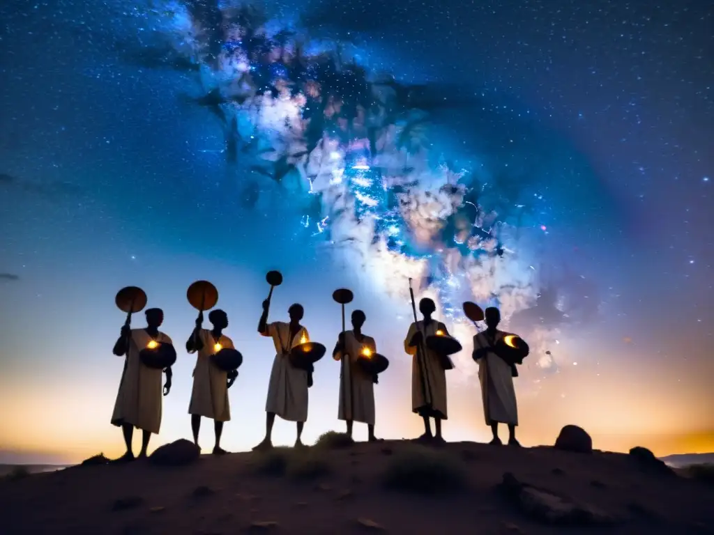 Viejos sabios africanos practicando astronomía bajo un cielo estrellado y la luz de una fogata