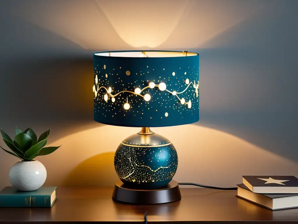 Lámpara vintage con base en forma de la Osa Mayor iluminando un acogedor salón con decoración inspirada en constelaciones