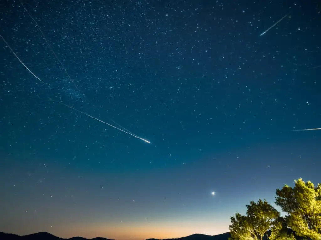 Una fotografía vintage que captura la constelación de Coma Berenices y estrellas fugaces en una noche clara y llena de estrellas