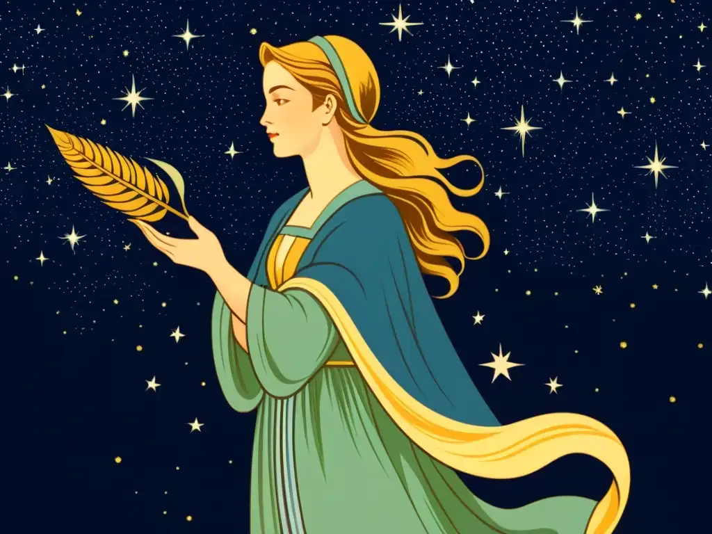 Una ilustración vintage detallada muestra la figura de la constelación de Virgo, exudando misticismo y la mitología de la constelación Virgo