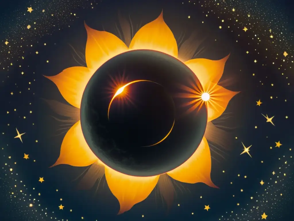 Una ilustración vintage detallada de una observación de eclipses astronómicos, con la corona solar y la sombra de la luna en un cielo estrellado