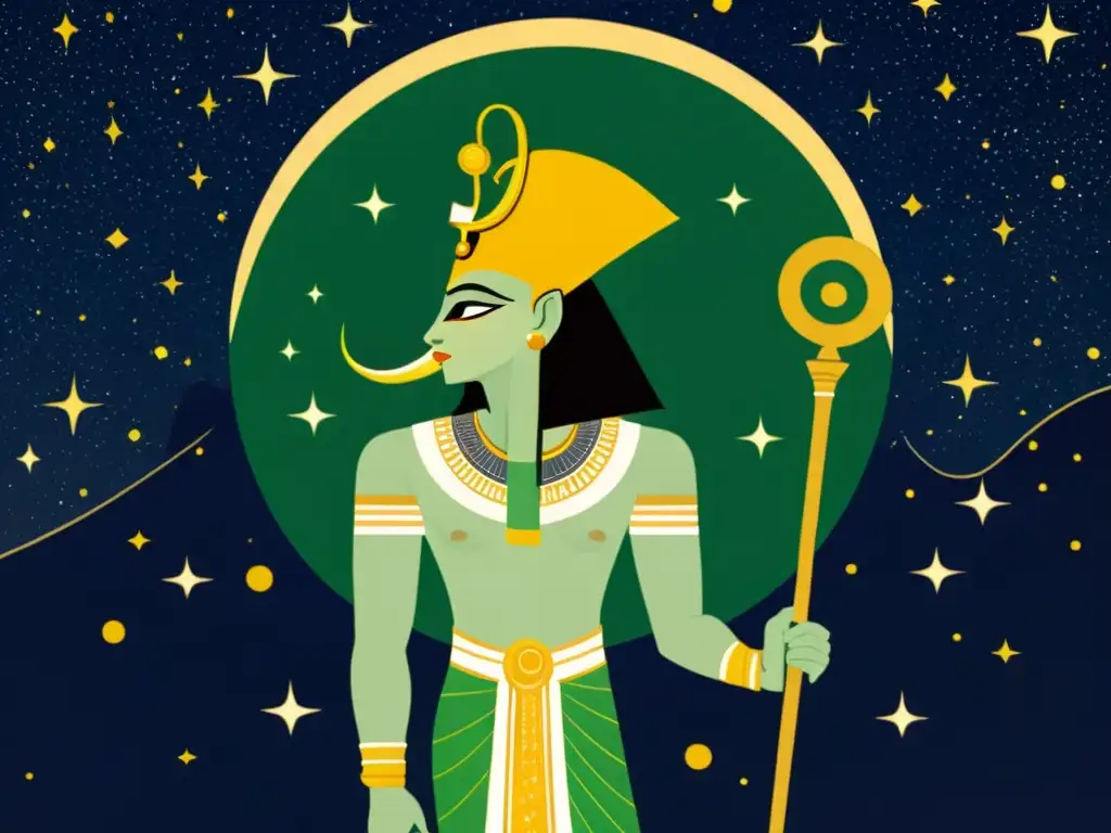 Una ilustración vintage del dios egipcio Osiris, con piel verde, ataviado con joyas de oro y sosteniendo un cayado y un látigo