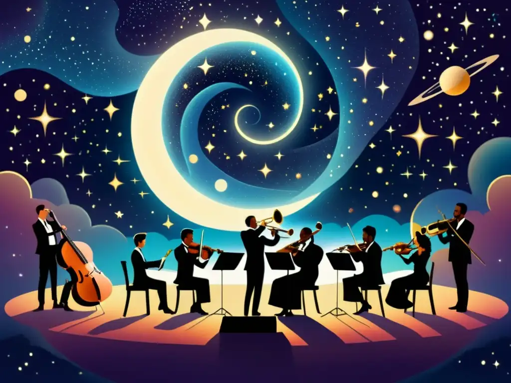 Una ilustración vintage inspirada en una orquesta celestial tocando en un escenario cósmico, con galaxias giratorias y constelaciones de fondo