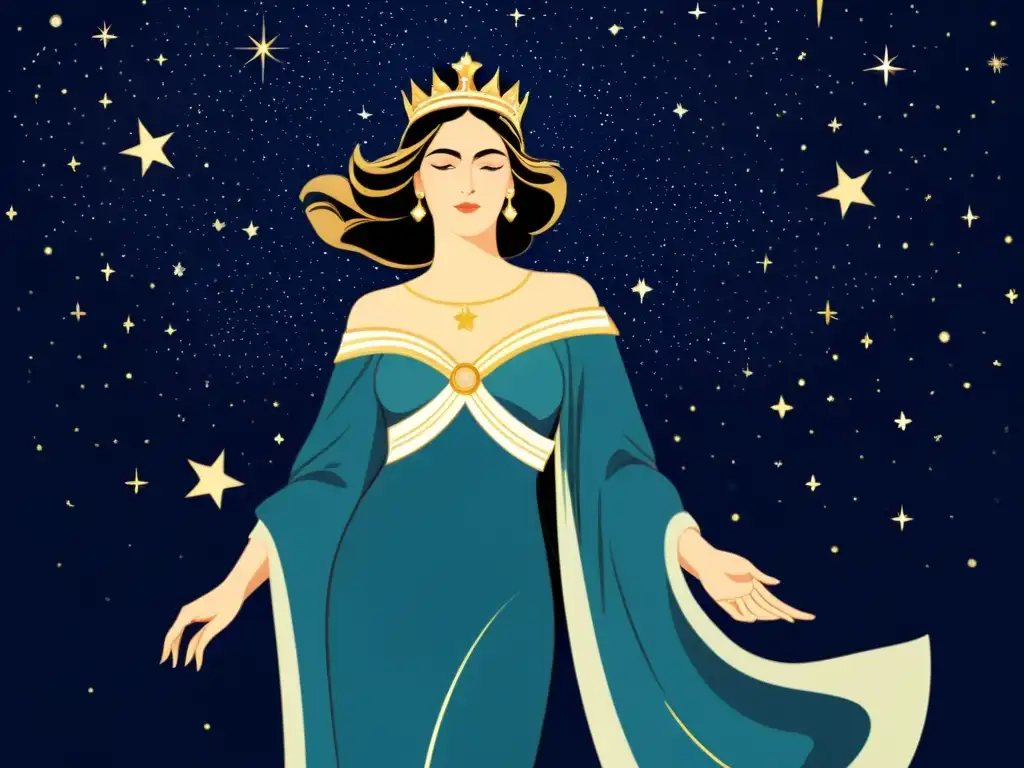 Una ilustración vintage de La Ira de Hera en el cielo estrellado, deslumbrante y majestuosa, evocando la mitología y el poder divino