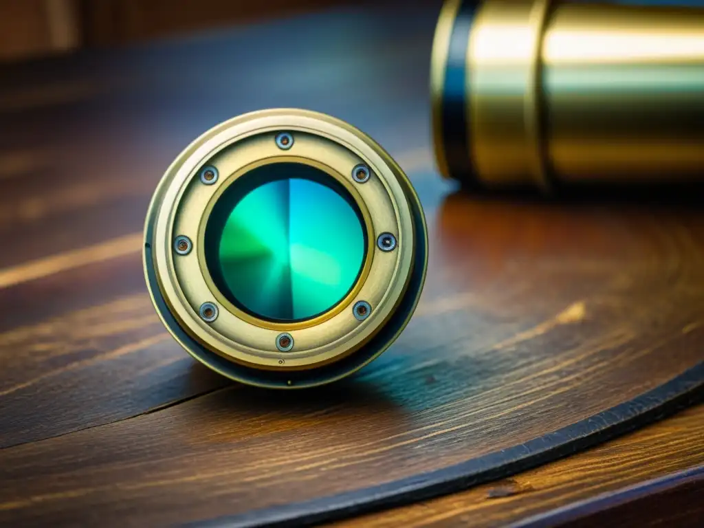 Vintage lente de telescopio y filtros para fotografía astronómica en mesa de madera en tonos cálidos y nostálgicos