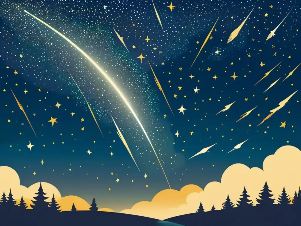 Una ilustración vintage de la lluvia de estrellas de las Perseidas, con múltiples meteoros brillantes surcando el cielo estrellado