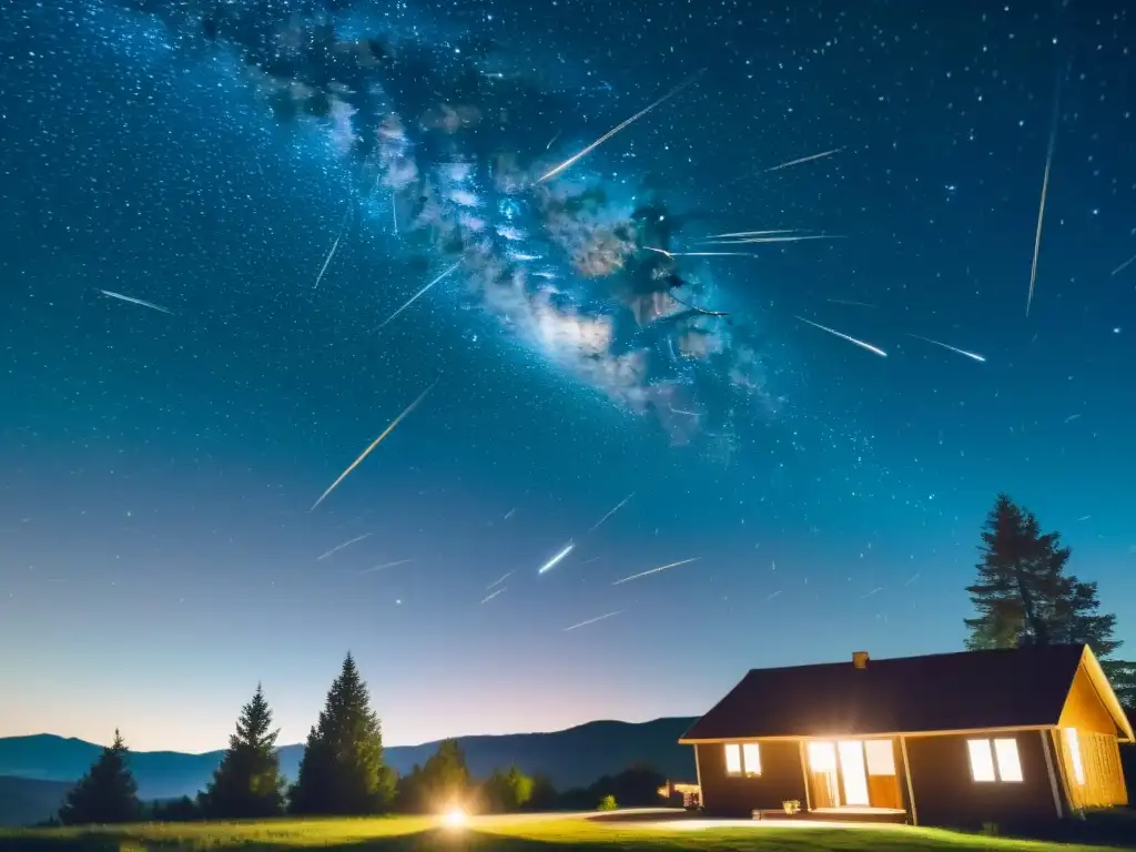 Una ilustración vintage de la lluvia de meteoros Perseidas mágicas en noches de agosto, con un cielo nocturno lleno de estrellas y brillantes meteoros streaking