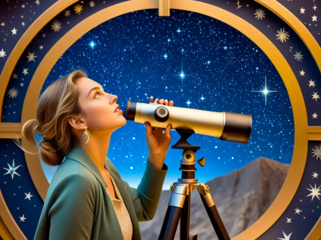 Un ilustración vintage de una persona observando el cielo nocturno a través de un telescopio, con detalles de constelaciones y estrellas en el fondo