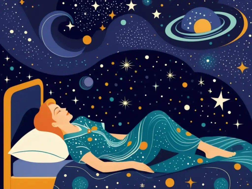 Un ilustración vintage de una persona relajada en la cama con pijamas galácticos para dormir, rodeada de galaxias y estrellas brillantes