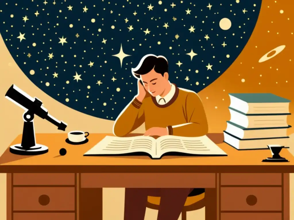 Exploración astronómica en casa: un viaje vintage a las estrellas Un ilustración vintage de una persona sentada en un escritorio con un telescopio, rodeada de pilas de libros y papeles de astronomía
