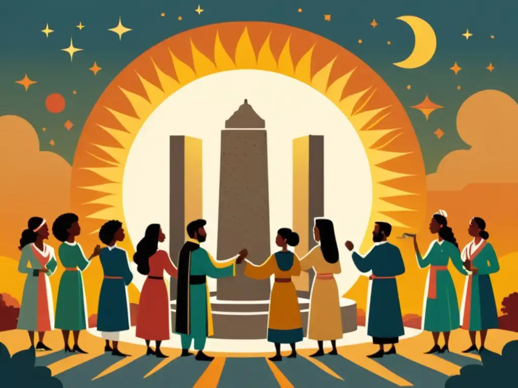 Una ilustración vintage de personas de diferentes culturas celebrando solsticios y equinoccios al amanecer alrededor de un monumento de piedra