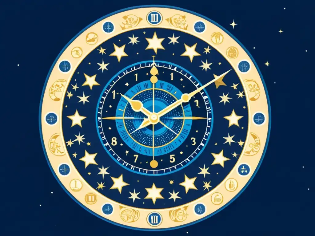 Un vintage Horologium: un reloj celestial con símbolos esotéricos y estrellas en un fondo azul profundo, evocando misterio y sabiduría antigua