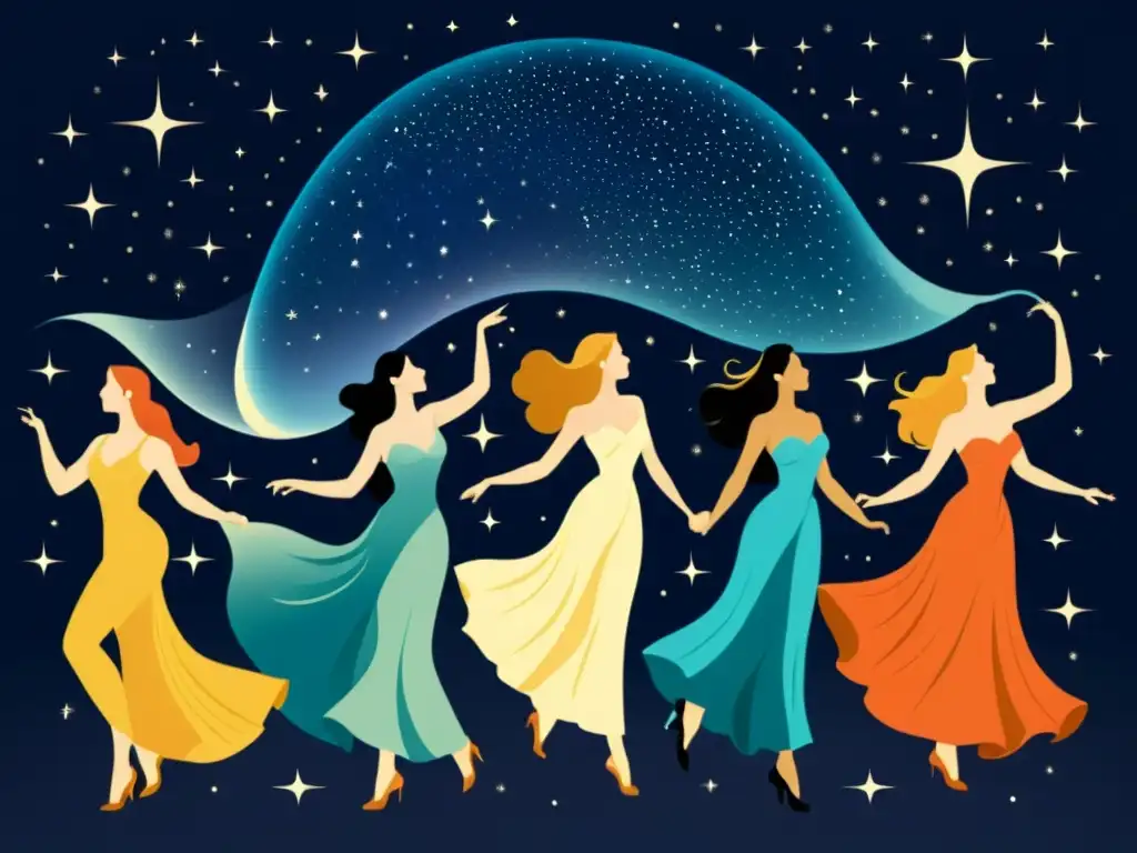 Danza de los siete velos representando las Pléyades Una ilustración vintage de las siete velos representando las estrellas de las Pléyades, evocando su significado mitológico con gracia y color