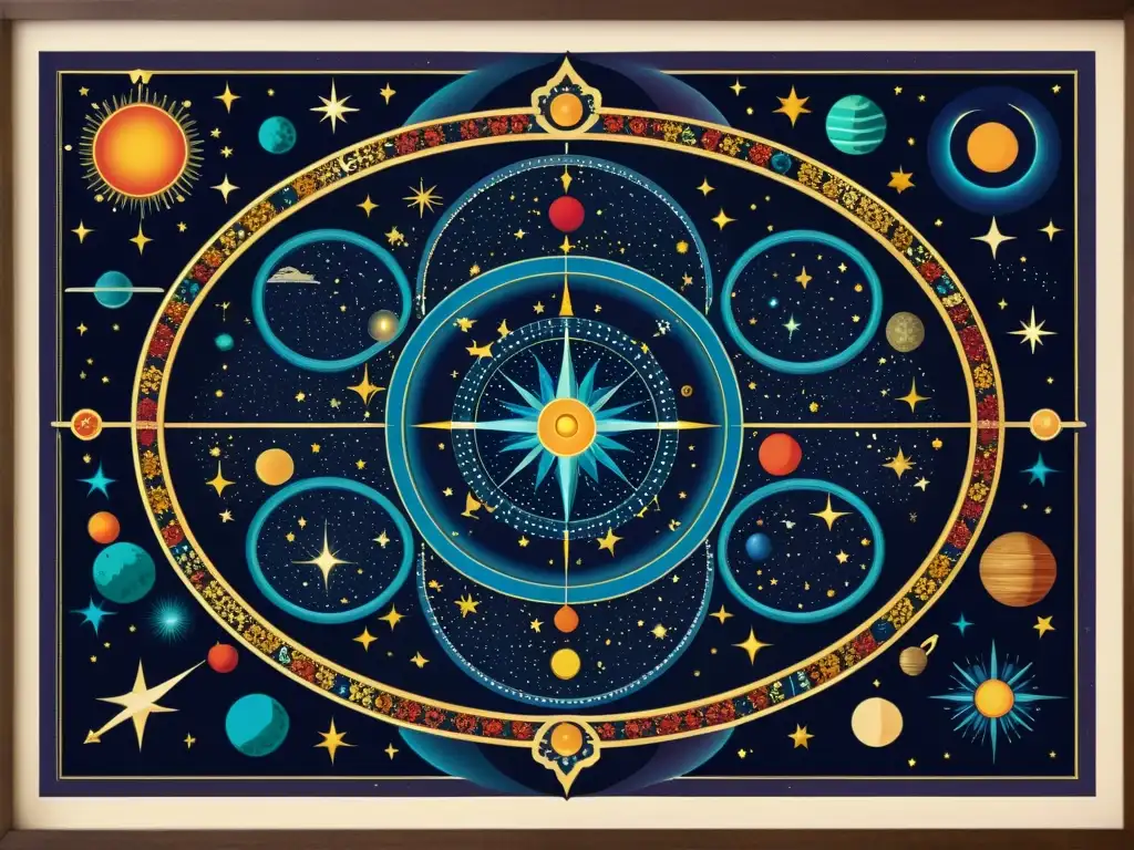 Una ilustración vintageinspirada de un mapa celestial, invitando a explorar la astronomía a través de experiencias de realidad virtual