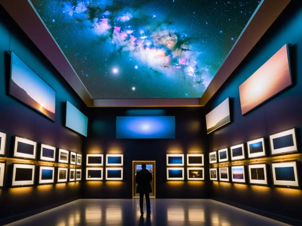 Visitantes exploran la exposición itinerante de imágenes Deep Sky en una galería vintage iluminada por cálidas bombillas Edison