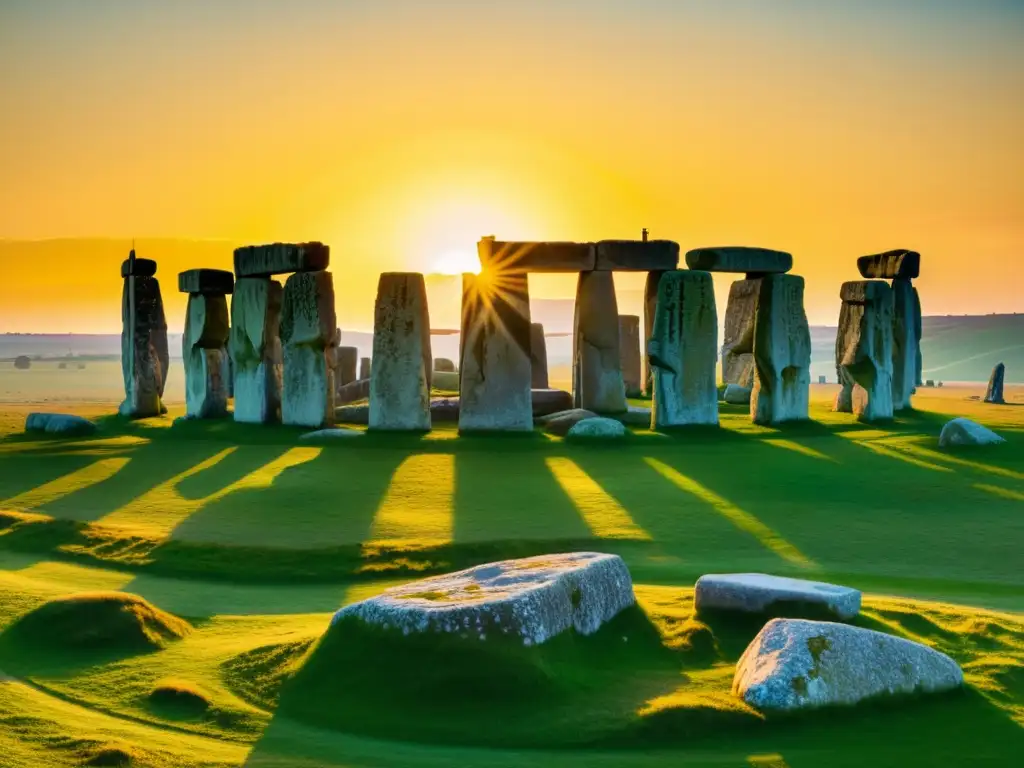 Vista detallada de Stonehenge al atardecer, con las sombras largas de las antiguas piedras y la cálida luz dorada del sol