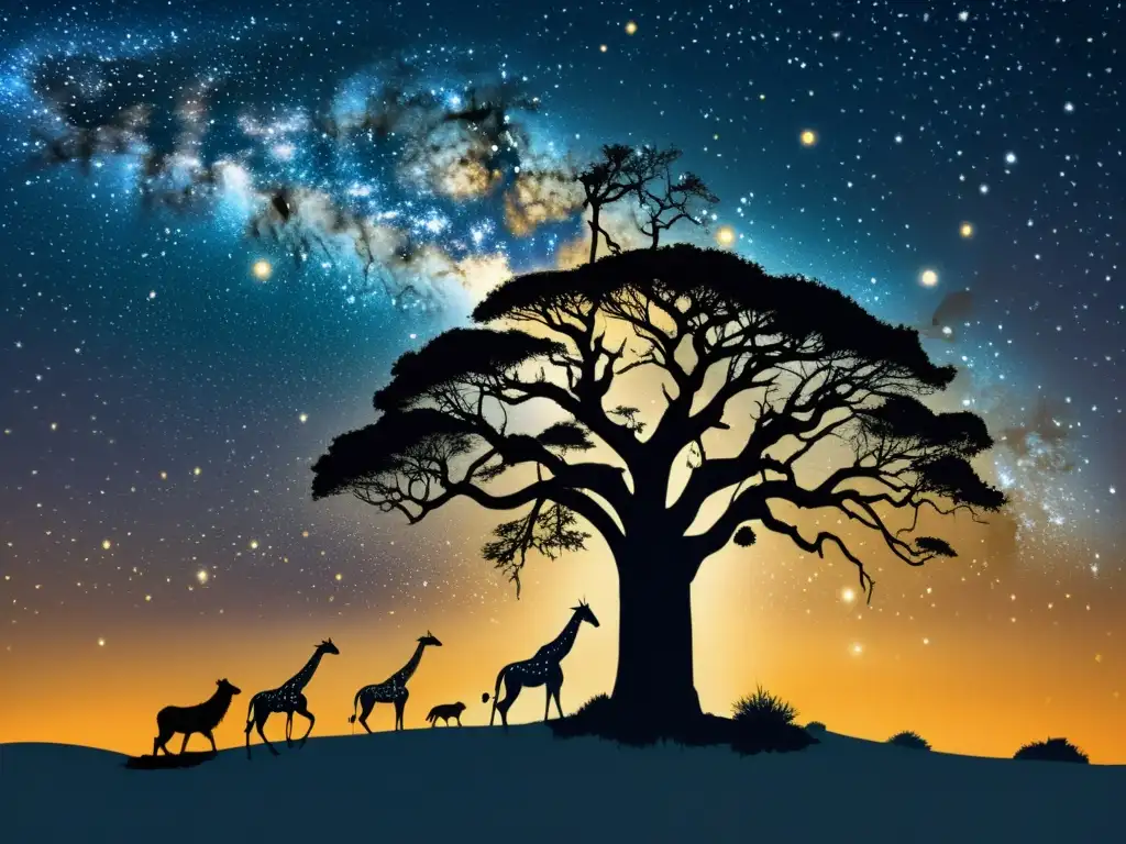 Vista detallada de la mitología estelar África en la sabana, con constelaciones y escenas míticas africanas en el cielo nocturno